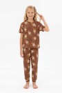 Garson Kız Çocuk Ördek Figürlü ve Leopar Fiyonk Desenli %100 Pamuk İnterlok Kumaş Kısa Kollu Pijama Takımı 