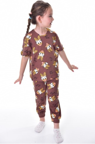 Kız Çocuk Ördek Figürlü ve Leopar Fiyonk Desenli %100 Pamuk İnterlok Kumaş Kısa Kollu Pijama Takımı   