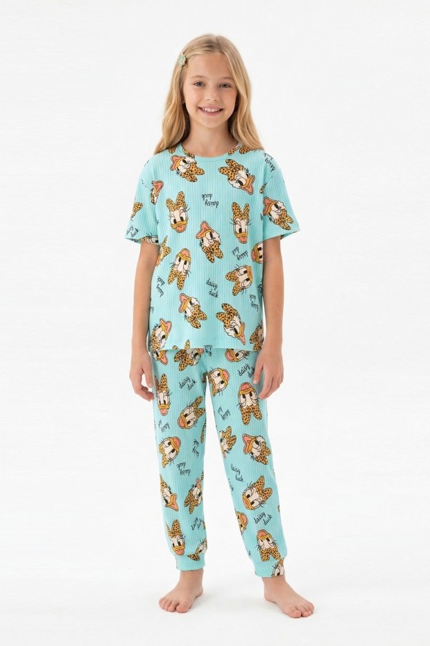 Garson Kız Çocuk Ördek Figürlü ve Leopar Fiyonk Desenli %100 Pamuk İnterlok Kumaş Kısa Kollu Pijama Takımı  