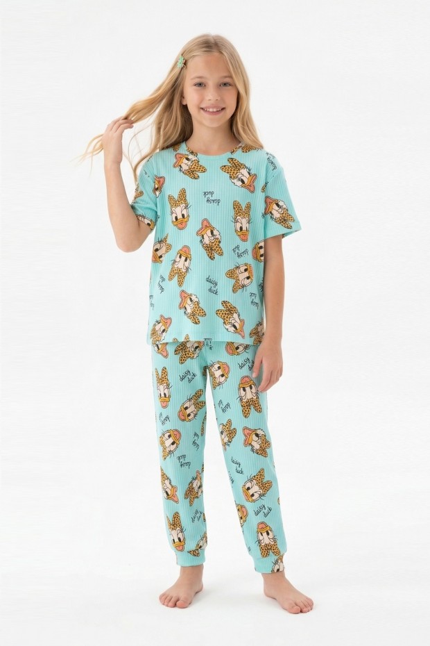 Garson Kız Çocuk Ördek Figürlü ve Leopar Fiyonk Desenli %100 Pamuk İnterlok Kumaş Kısa Kollu Pijama Takımı  