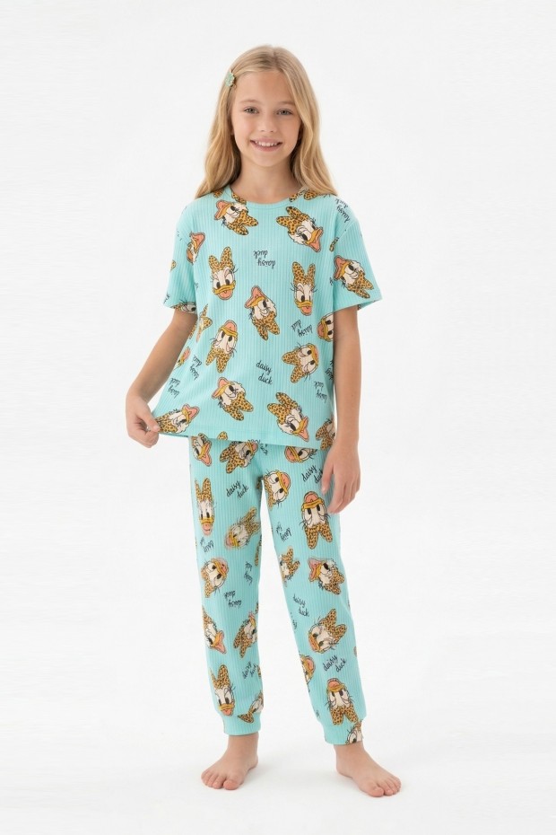 Garson Kız Çocuk Ördek Figürlü ve Leopar Fiyonk Desenli %100 Pamuk İnterlok Kumaş Kısa Kollu Pijama Takımı  