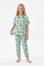 Garson Kız Çocuk Ördek Figürlü ve Leopar Fiyonk Desenli %100 Pamuk İnterlok Kumaş Kısa Kollu Pijama Takımı  