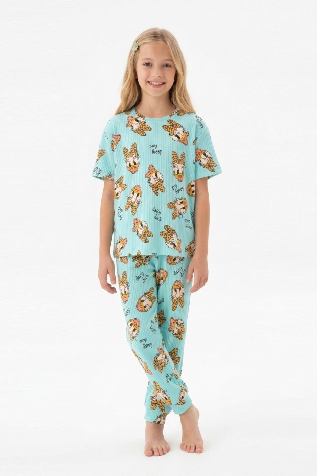 Garson Kız Çocuk Ördek Figürlü ve Leopar Fiyonk Desenli %100 Pamuk İnterlok Kumaş Kısa Kollu Pijama Takımı  