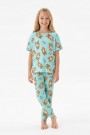 Garson Kız Çocuk Ördek Figürlü ve Leopar Fiyonk Desenli %100 Pamuk İnterlok Kumaş Kısa Kollu Pijama Takımı  