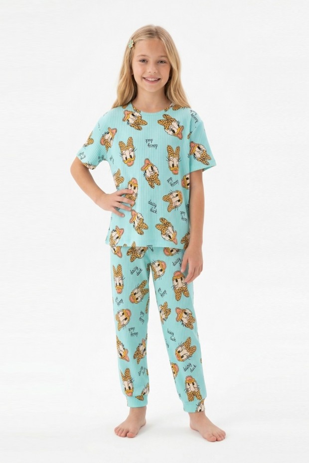 Garson Kız Çocuk Ördek Figürlü ve Leopar Fiyonk Desenli %100 Pamuk İnterlok Kumaş Kısa Kollu Pijama Takımı  
