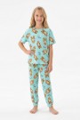 Garson Kız Çocuk Ördek Figürlü ve Leopar Fiyonk Desenli %100 Pamuk İnterlok Kumaş Kısa Kollu Pijama Takımı  