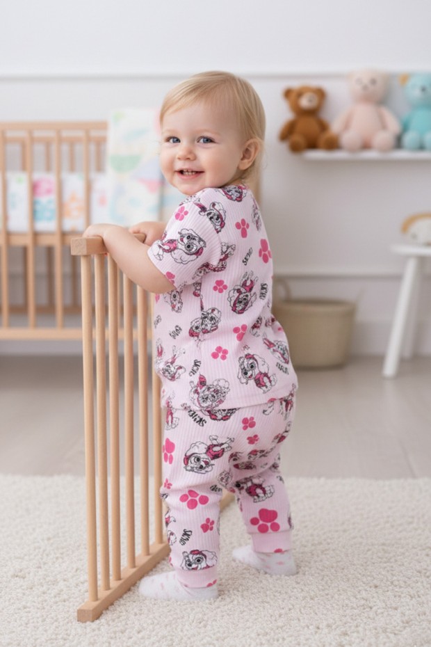 Bebek Köpek Figürlü ve Pati Desenli %100 Pamuk İnterlok Kumaş Kısa Kollu Pijama Takımı 
