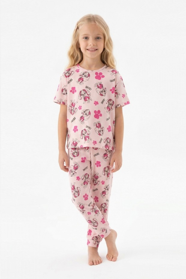 Garson Kız Çocuk Köpek Figürlü ve Pati Desenli %100 Pamuk İnterlok Kumaş Kısa Kollu Pijama Takımı 