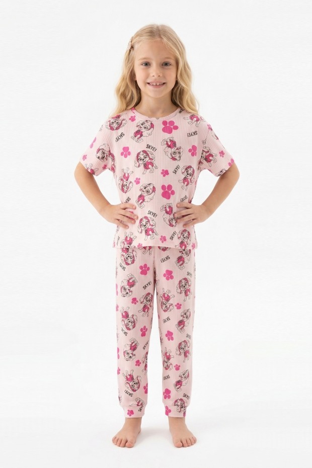 Garson Kız Çocuk Köpek Figürlü ve Pati Desenli %100 Pamuk İnterlok Kumaş Kısa Kollu Pijama Takımı 