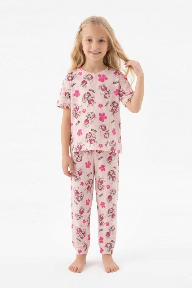 Garson Kız Çocuk Köpek Figürlü ve Pati Desenli %100 Pamuk İnterlok Kumaş Kısa Kollu Pijama Takımı 