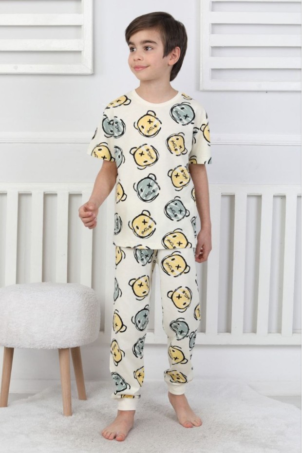 Erkek Çocuk Çoklu Gülen Yüz Baskılı Süprem %100 Pamuk Reaktif Boyama Pijama Takımı