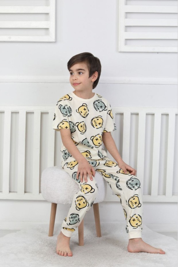 Erkek Çocuk Çoklu Gülen Yüz Baskılı Süprem %100 Pamuk Reaktif Boyama Pijama Takımı