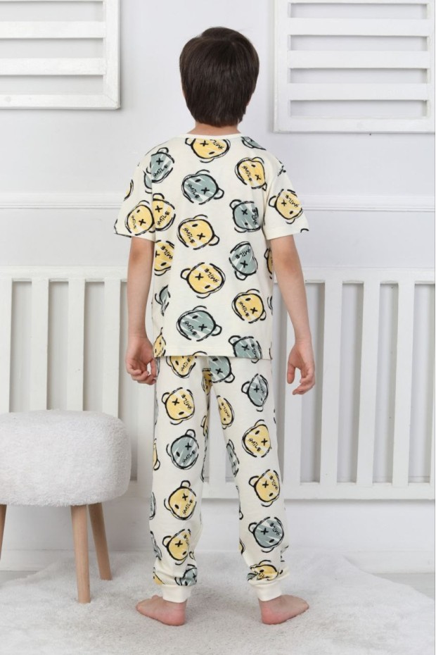 Erkek Çocuk Çoklu Gülen Yüz Baskılı Süprem %100 Pamuk Reaktif Boyama Pijama Takımı