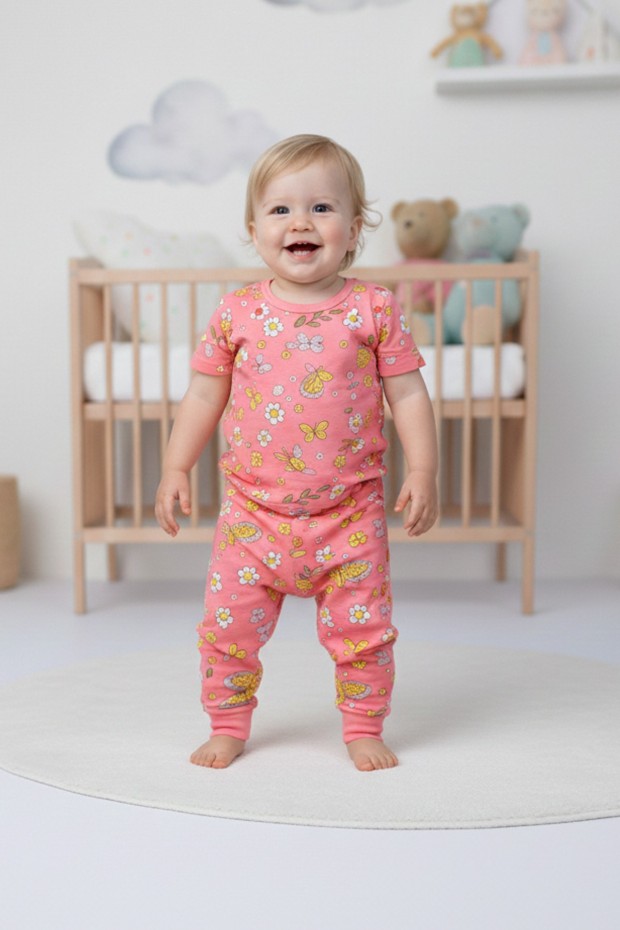 Bebek Kelebek ve Çiçek Desenli %100 Pamuk Süprem Kumaş Kısa Kollu Pijama Takımı 