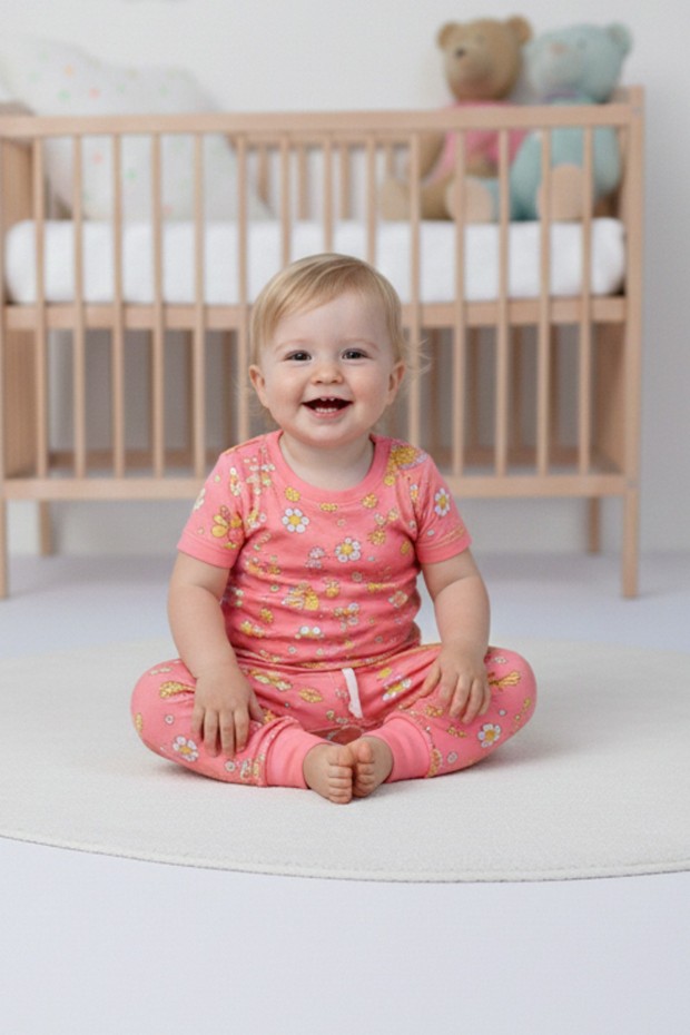 Bebek Kelebek ve Çiçek Desenli %100 Pamuk Süprem Kumaş Kısa Kollu Pijama Takımı 