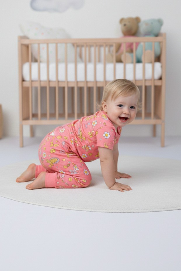 Bebek Kelebek ve Çiçek Desenli %100 Pamuk Süprem Kumaş Kısa Kollu Pijama Takımı 