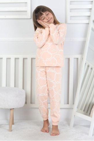 Kız Çocuk Büyük Kalp Desenli %100 Pamuk Süprem Kumaş Uzun Kollu Pijama Takımı 