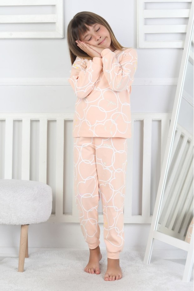 Kız Çocuk Büyük Kalp Desenli %100 Pamuk Süprem Kumaş Uzun Kollu Pijama Takımı 