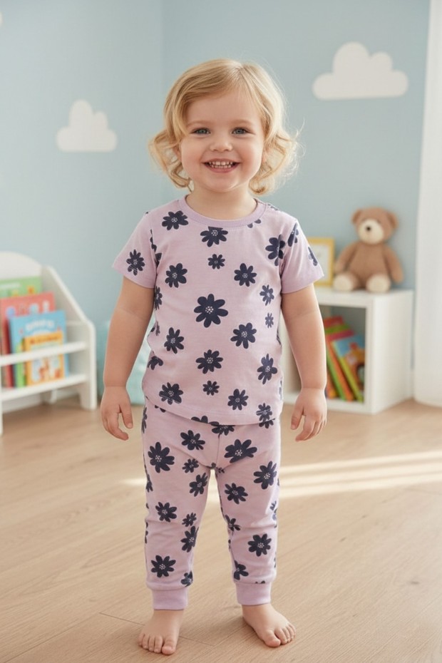 Kız Bebek Çiçek Baskılı %100 Pamuk Reaktif Boyalı Süprem Kumaş Kısa Kollu Pijama Takımı
