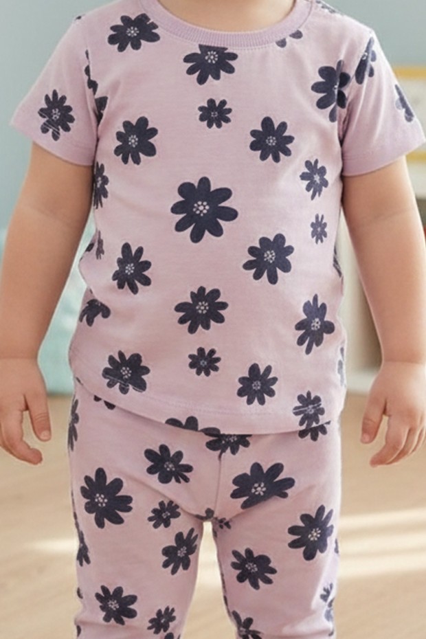 Kız Bebek Çiçek Baskılı %100 Pamuk Reaktif Boyalı Süprem Kumaş Kısa Kollu Pijama Takımı