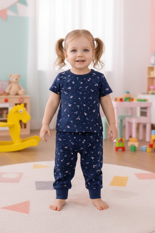 Kız Bebek Baskılı %100 Pamuk Reaktif Boyalı Süprem Kumaş Kısa Kollu Pijama Takımı