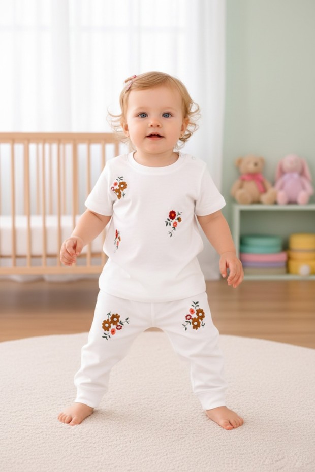 Kız Bebek Çiçek Baskılı %100 Pamuk Reaktif Boyalı Süprem Kumaş Kısa Kollu Pijama Takımı