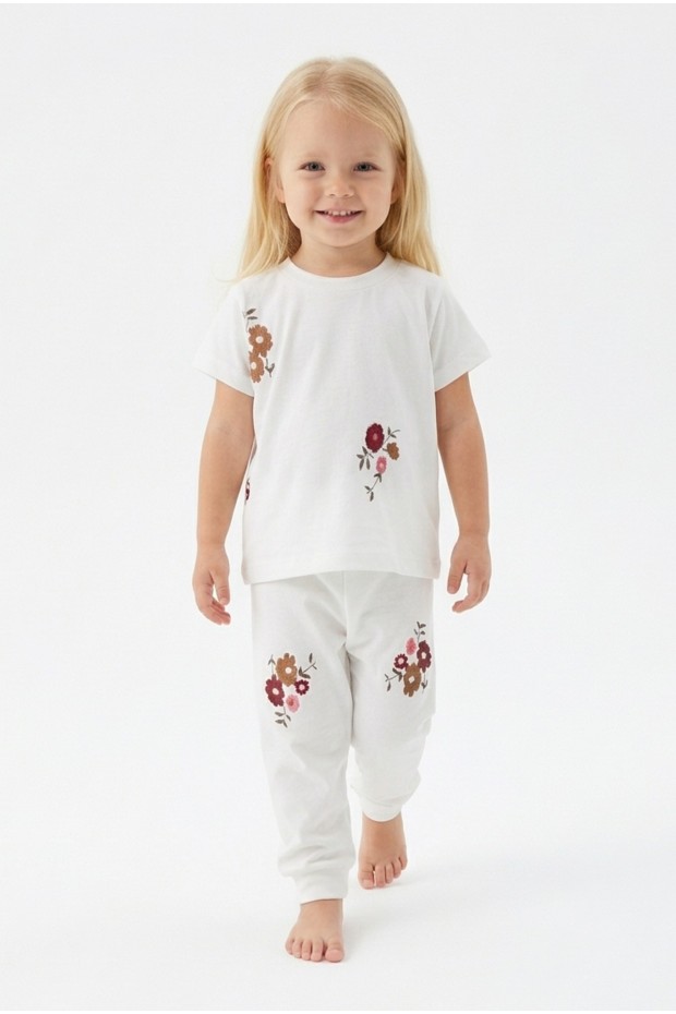 Kız Bebek Çiçek Baskılı %100 Pamuk Reaktif Boyalı Süprem Kumaş Kısa Kollu Pijama Takımı