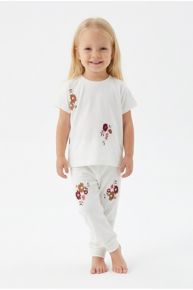 Kız Bebek Çiçek Baskılı %100 Pamuk Reaktif Boyalı Süprem Kumaş Kısa Kollu Pijama Takımı