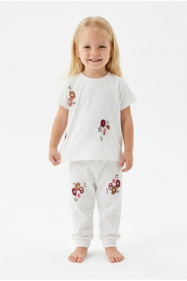 Kız Bebek Çiçek Baskılı %100 Pamuk Reaktif Boyalı Süprem Kumaş Kısa Kollu Pijama Takımı