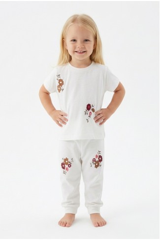 Kız Bebek Çiçek Baskılı %100 Pamuk Reaktif Boyalı Süprem Kumaş Kısa Kollu Pijama Takımı