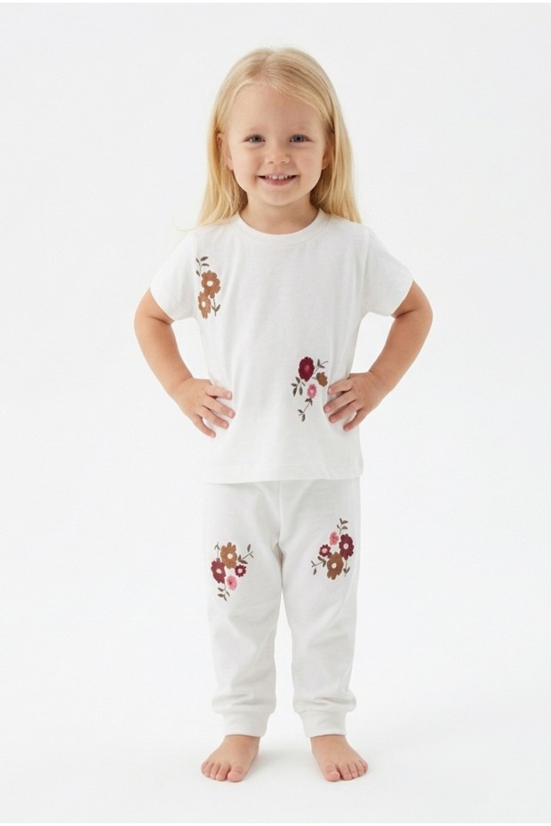 Kız Bebek Çiçek Baskılı %100 Pamuk Reaktif Boyalı Süprem Kumaş Kısa Kollu Pijama Takımı