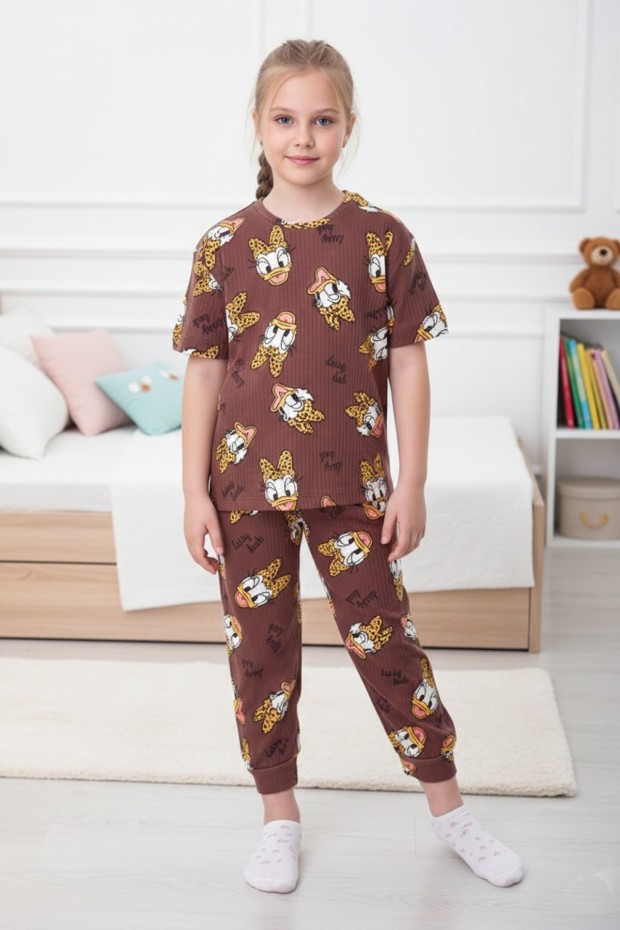Garson Kız Çocuk Ördek Figürlü ve Leopar Fiyonk Desenli %100 Pamuk İnterlok Kumaş Kısa Kollu Pijama Takımı 