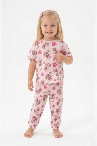 Bebek Köpek Figürlü ve Pati Desenli %100 Pamuk İnterlok Kumaş Kısa Kollu Pijama Takımı 