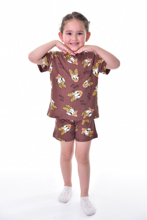 Kız Çocuk Leopar Fiyonk Detaylı %100 Pamuk İnterlok Kumaş Kısa Kollu Şortlu Pijama Takımı 