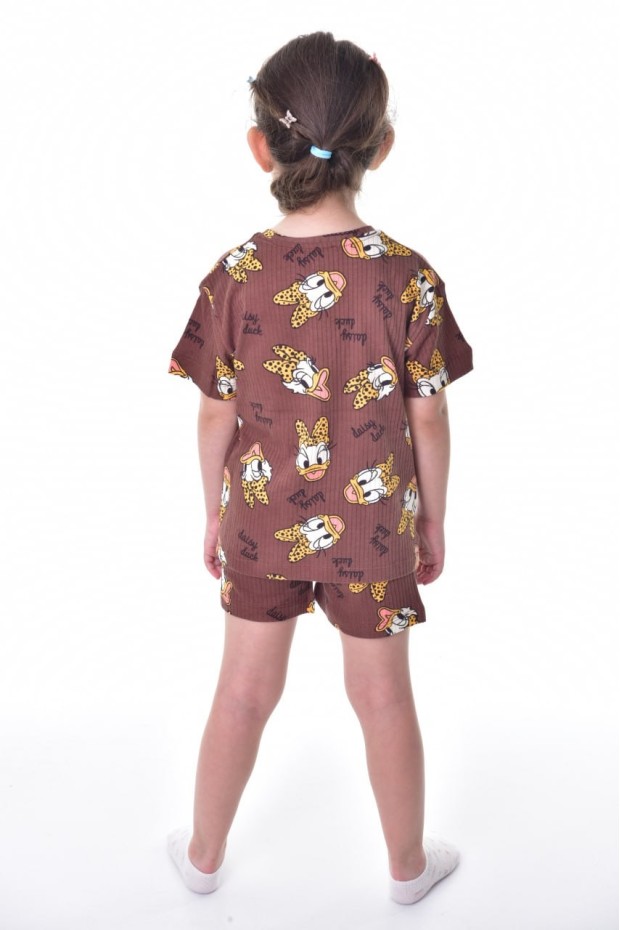 Kız Çocuk Leopar Fiyonk Detaylı %100 Pamuk İnterlok Kumaş Kısa Kollu Şortlu Pijama Takımı 