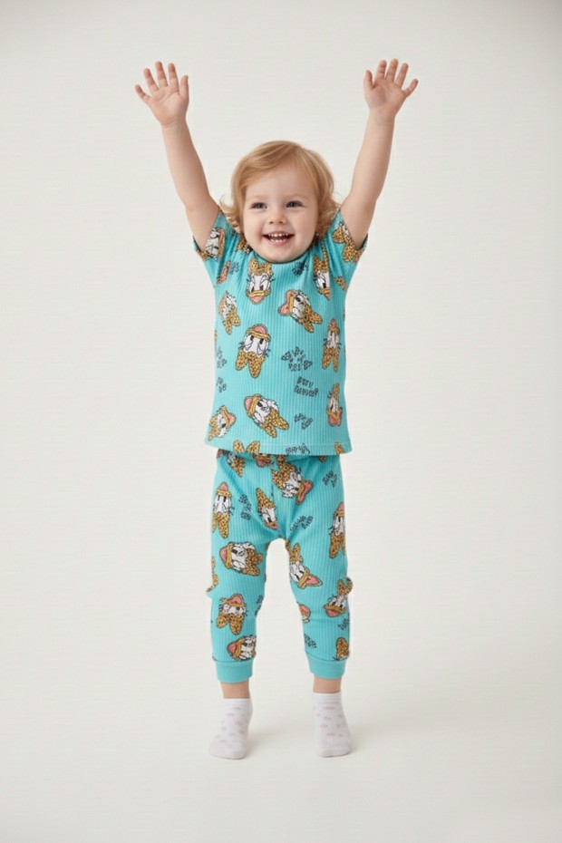 Bebek  Ördek Figürlü ve Leopar Fiyonk Desenli %100 Pamuk İnterlok Kumaş Kısa Kollu Pijama Takımı 
