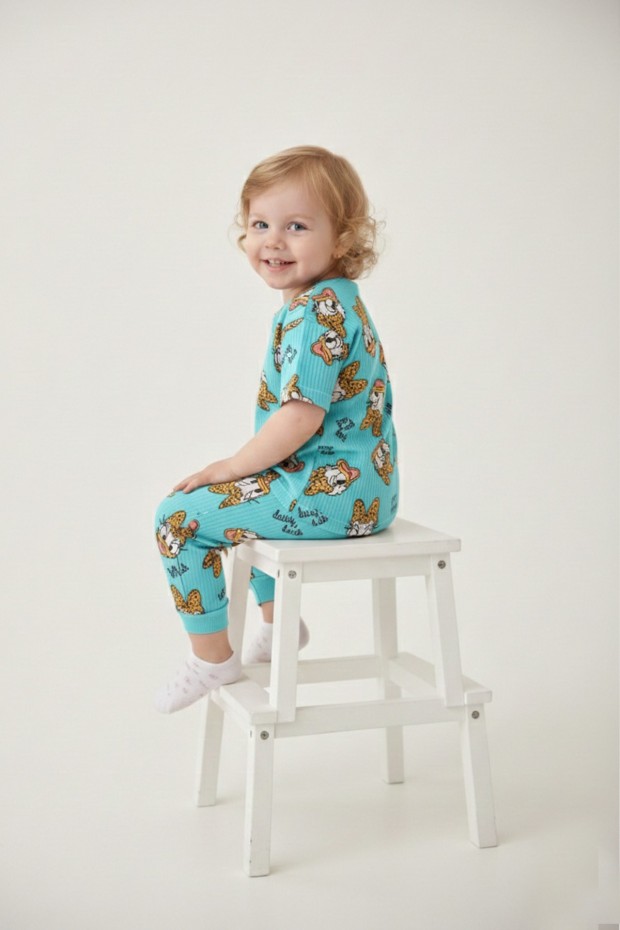 Bebek  Ördek Figürlü ve Leopar Fiyonk Desenli %100 Pamuk İnterlok Kumaş Kısa Kollu Pijama Takımı 