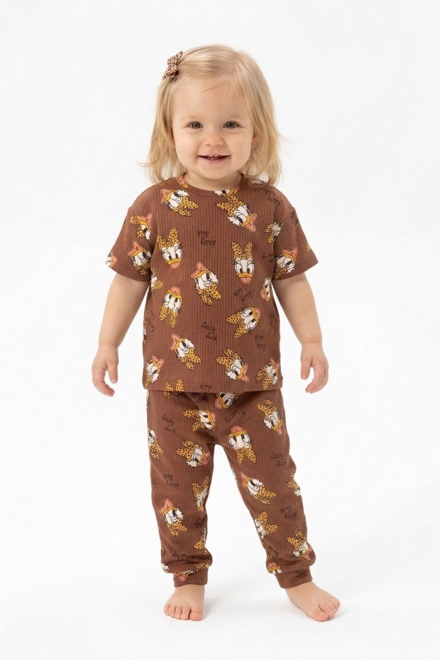 Bebek  Ördek Figürlü ve Leopar Fiyonk Desenli %100 Pamuk İnterlok Kumaş Kısa Kollu Pijama Takımı 