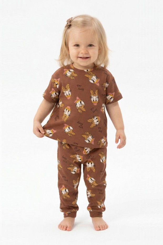 Bebek  Ördek Figürlü ve Leopar Fiyonk Desenli %100 Pamuk İnterlok Kumaş Kısa Kollu Pijama Takımı 