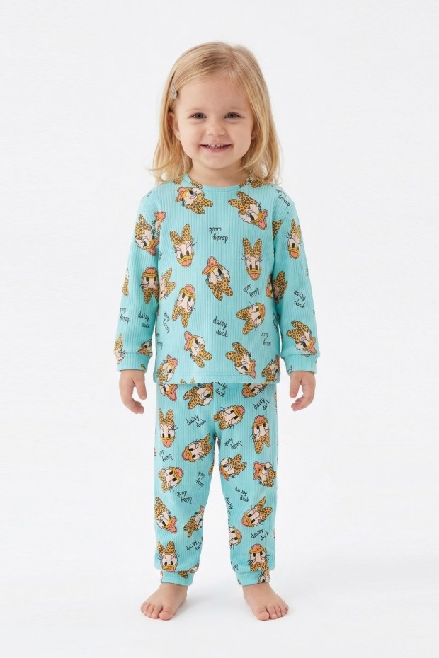 Bebek  Ördek Figürlü ve Leopar Fiyonk Desenli %100 Pamuk İnterlok Kumaş Kısa Kollu Pijama Takımı 