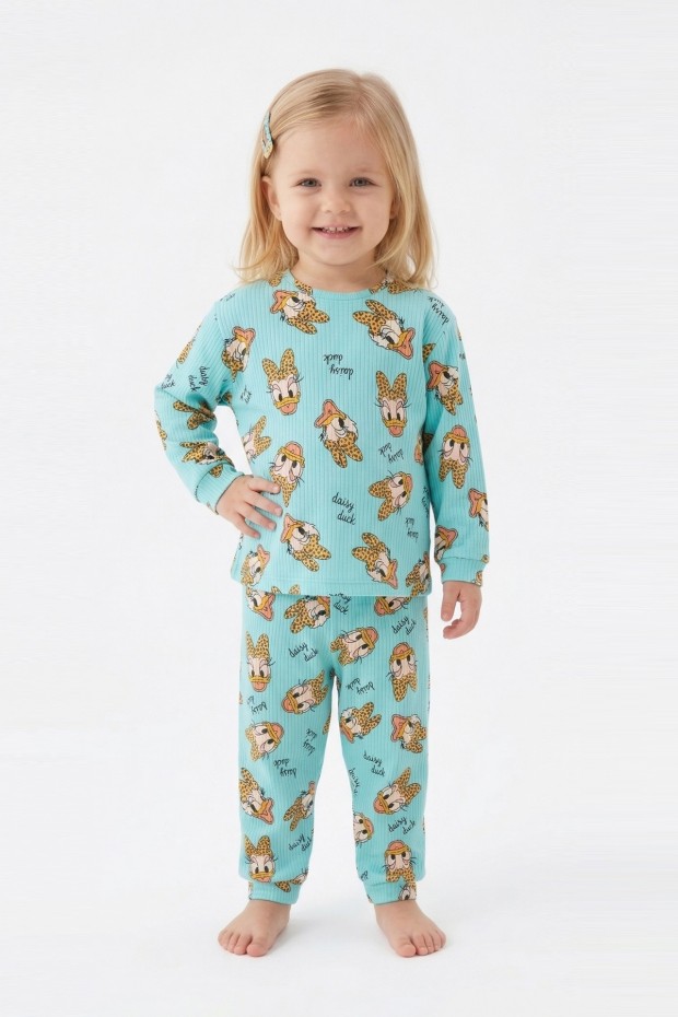 Bebek  Ördek Figürlü ve Leopar Fiyonk Desenli %100 Pamuk İnterlok Kumaş Kısa Kollu Pijama Takımı 