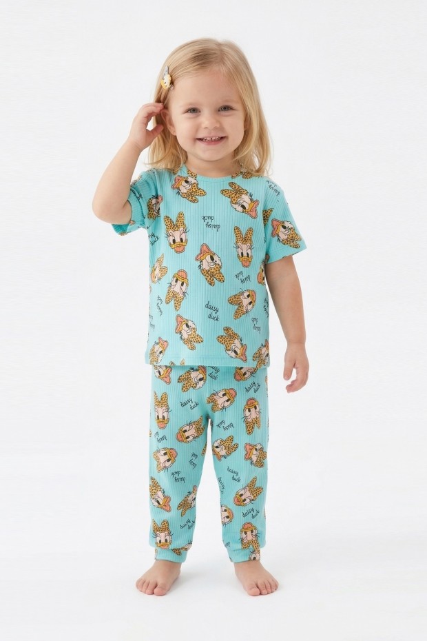 Bebek  Ördek Figürlü ve Leopar Fiyonk Desenli %100 Pamuk İnterlok Kumaş Kısa Kollu Pijama Takımı 