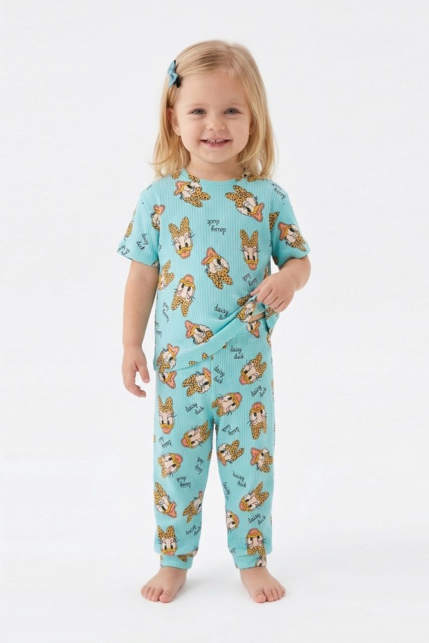 Bebek  Ördek Figürlü ve Leopar Fiyonk Desenli %100 Pamuk İnterlok Kumaş Kısa Kollu Pijama Takımı 