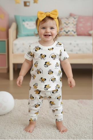 Kız Bebek Baskılı %100 Pamuk Reaktif Boyalı İnterlok Kumaş Kısa Kollu Pijama Takımı