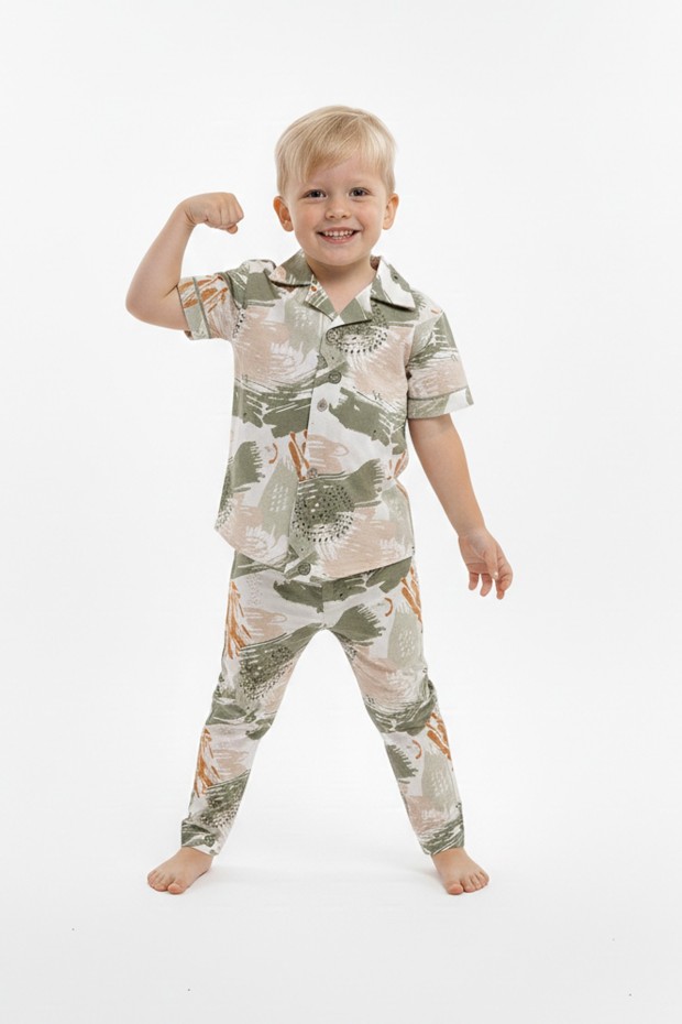 Erkek Çocuk Fırça Darbeli %100 Pamuk Reaktif Boyama Süprem Kısa Kollu Gömlek Pijama Takımı