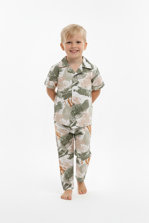 Erkek Çocuk Fırça Darbeli %100 Pamuk Reaktif Boyama Süprem Kısa Kollu Gömlek Pijama Takımı