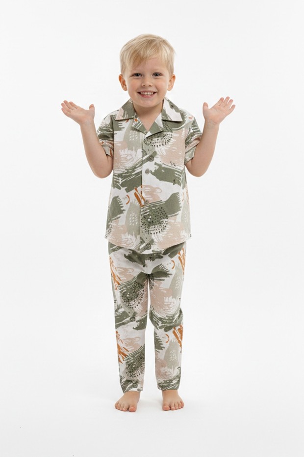 Erkek Çocuk Fırça Darbeli %100 Pamuk Reaktif Boyama Süprem Kısa Kollu Gömlek Pijama Takımı