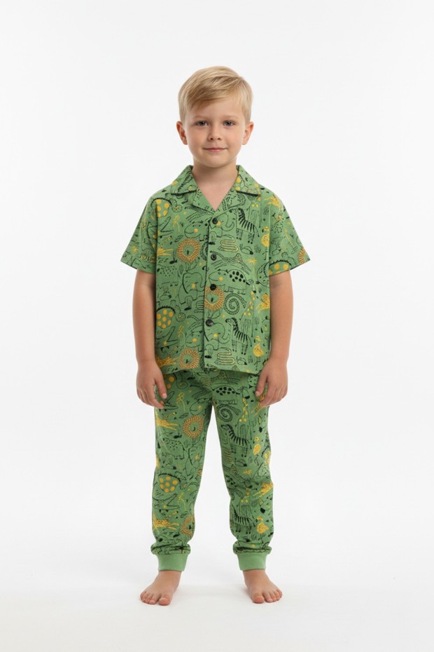 Erkek Çocuk Safari Hayvan Desenli %100 Pamuk Reaktif Boyama Süprem Kısa Kollu Gömlek Pijama Takımı