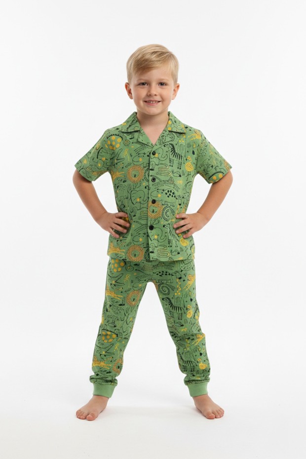 Erkek Çocuk Safari Hayvan Desenli %100 Pamuk Reaktif Boyama Süprem Kısa Kollu Gömlek Pijama Takımı