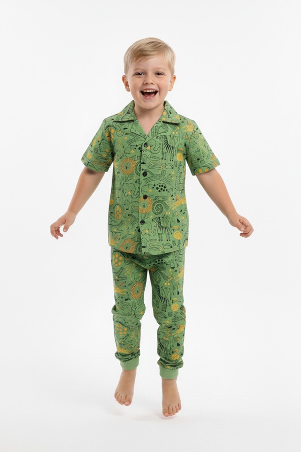 Erkek Çocuk Safari Hayvan Desenli %100 Pamuk Reaktif Boyama Süprem Kısa Kollu Gömlek Pijama Takımı